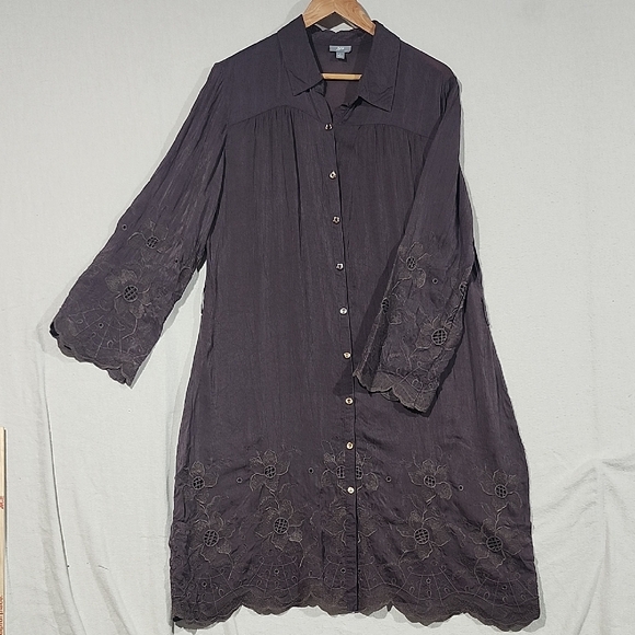 J. Jill Womens Chocolate‎ Brown Emroidered Button Shirt Dress L Lightweight - Picture 1 of 13